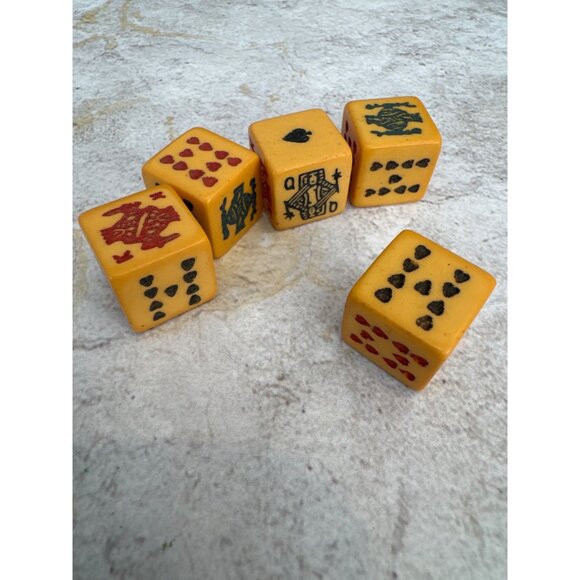 Vintage Handcrafted Butterscotch Poker-Style Dice Set With Card Suit Symbols - Picture 2 of 3